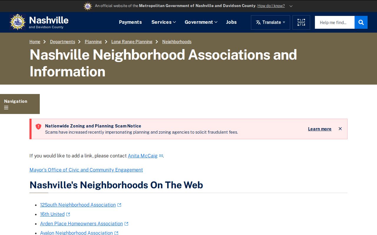 Tennessee neighbors neighborhood and civic association links maintained by Nashville