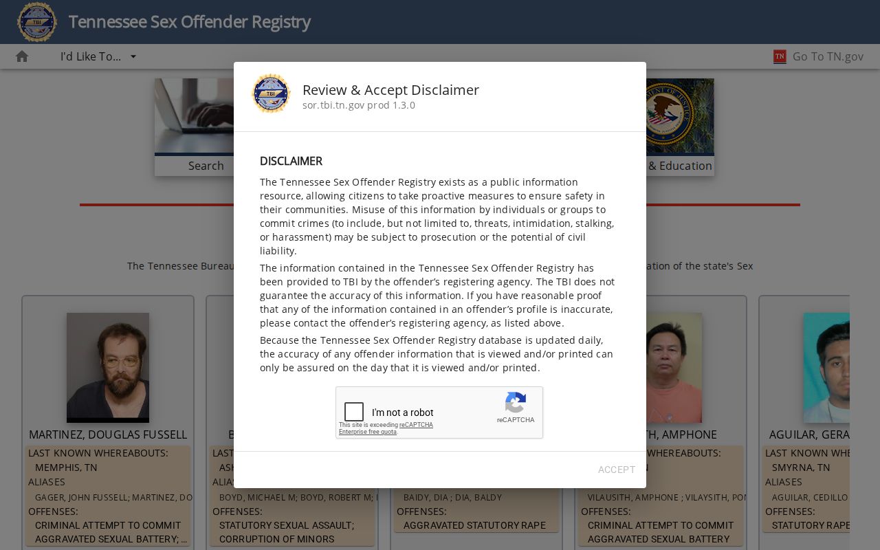 Tennessee residents directory reference showing the TBI registry disclaimer and public search notice