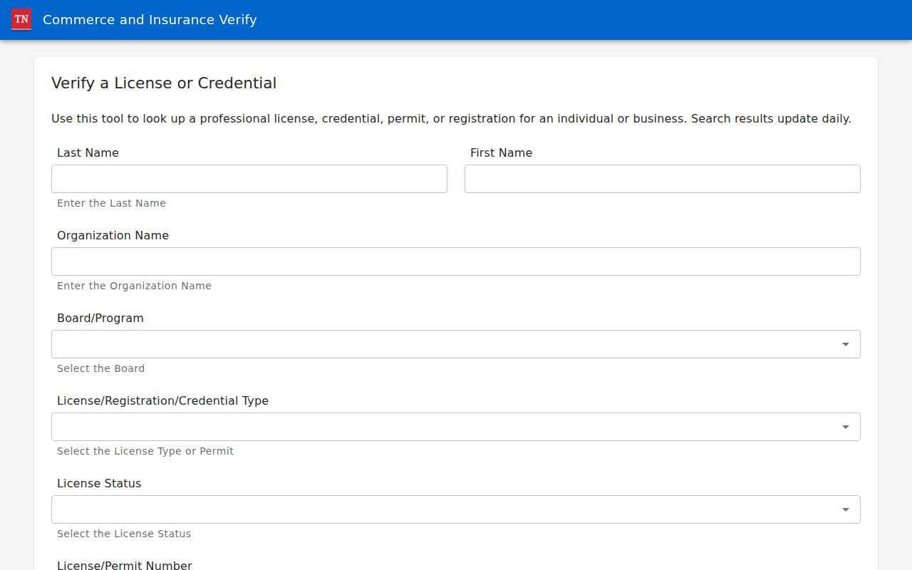 Tennessee resident lookup screenshot of TDCI individual, business, and license verification fields