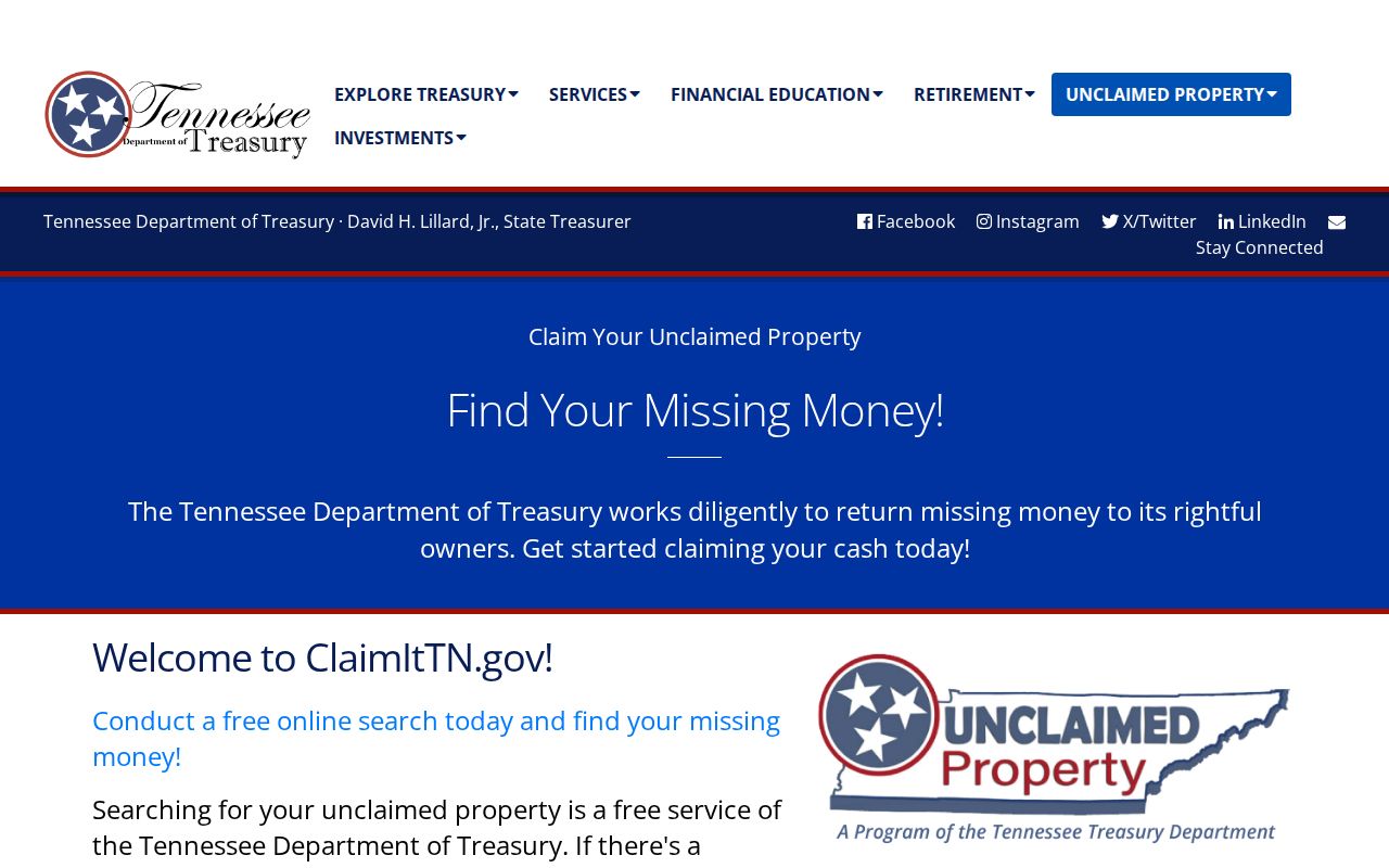 Tennessee residents directory reference showing the Treasury's ClaimItTN name search