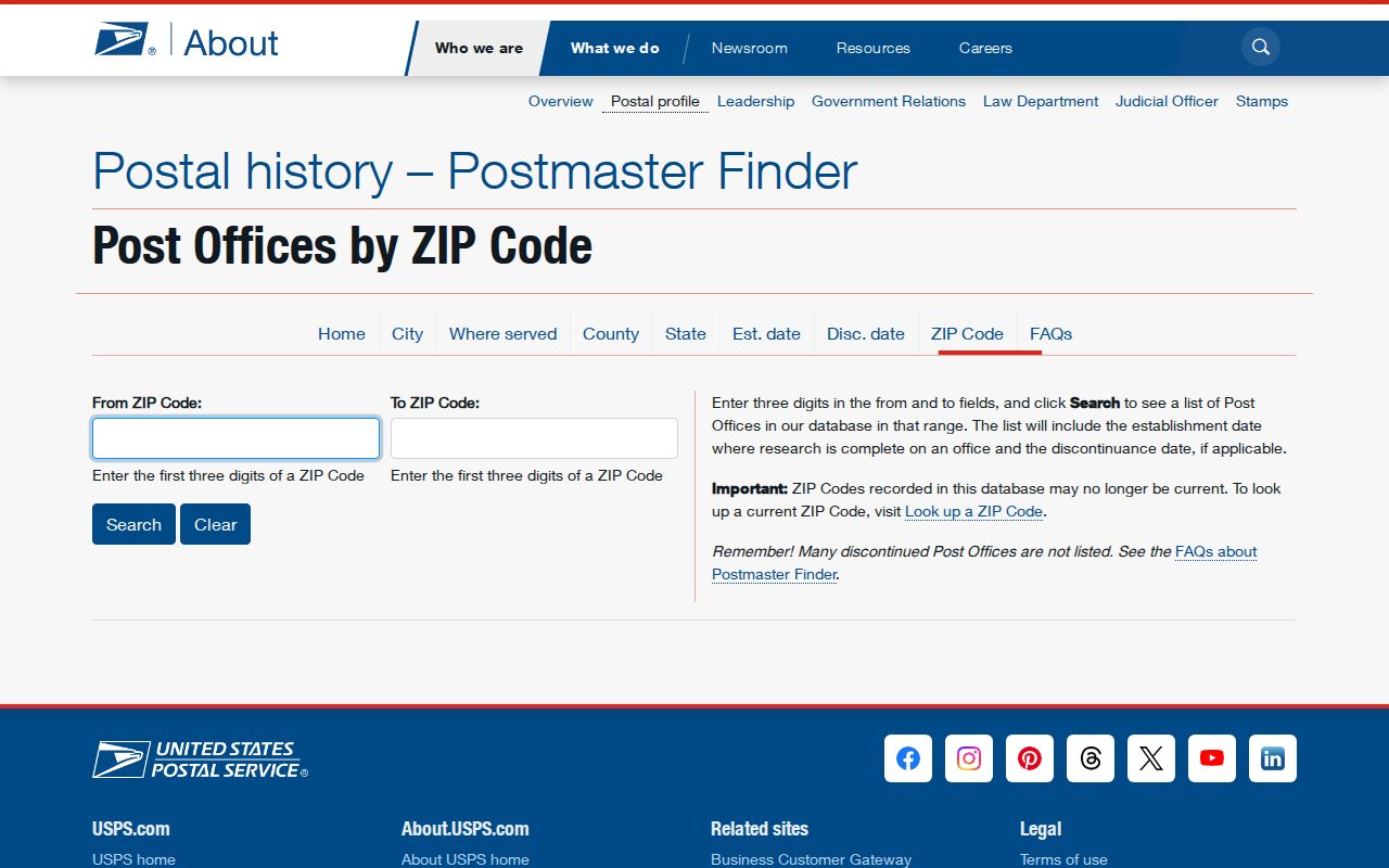Tennessee ZIP code history screenshot of the USPS first-three-digit post-office finder