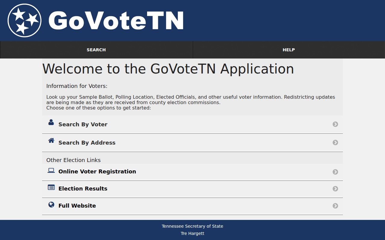 Tennessee resident lookup screenshot of GoVoteTN name and address search by ZIP