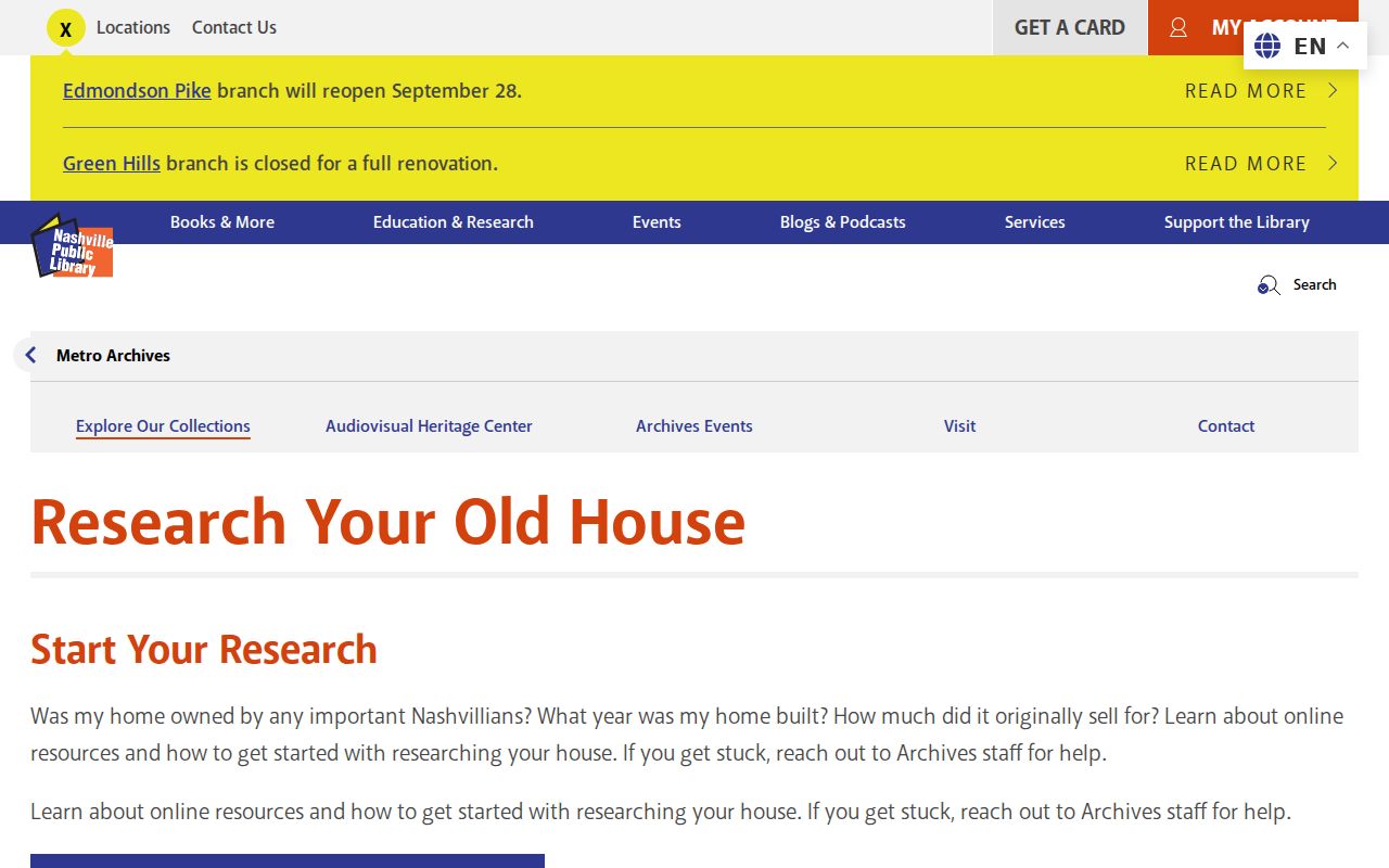 Tennessee previous residents house-history guide at Nashville Metro Archives