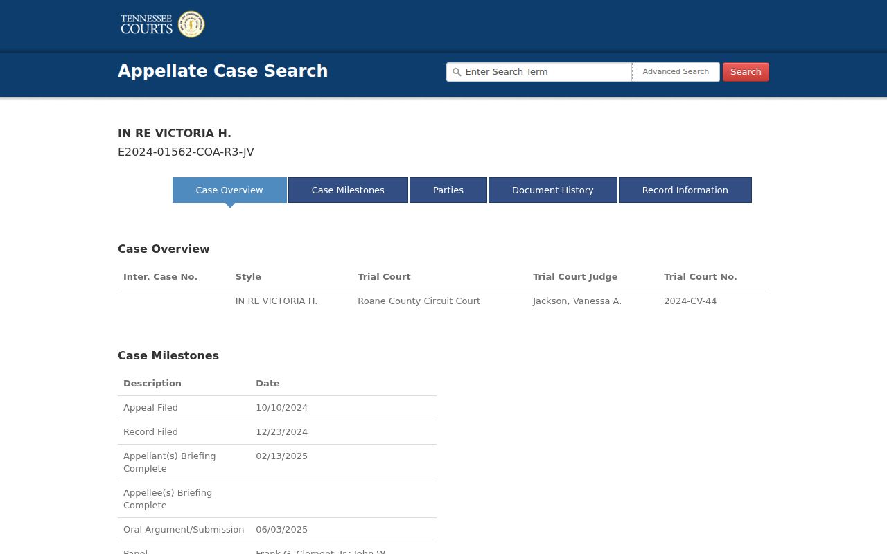 Tennessee resident lookup sample appellate case detail with court, parties, events, and disposition