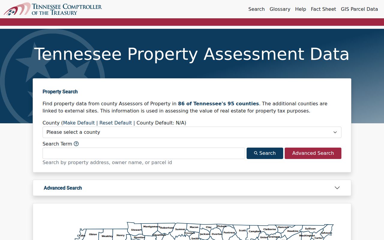 Tennessee street directory research with the TPAD county selector and property search