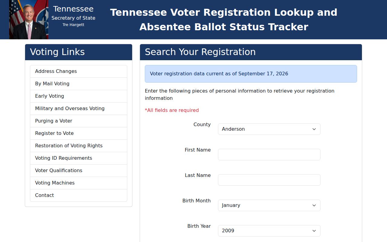 Tennessee resident lookup screenshot of voter lookup county, name, birth month, and year fields